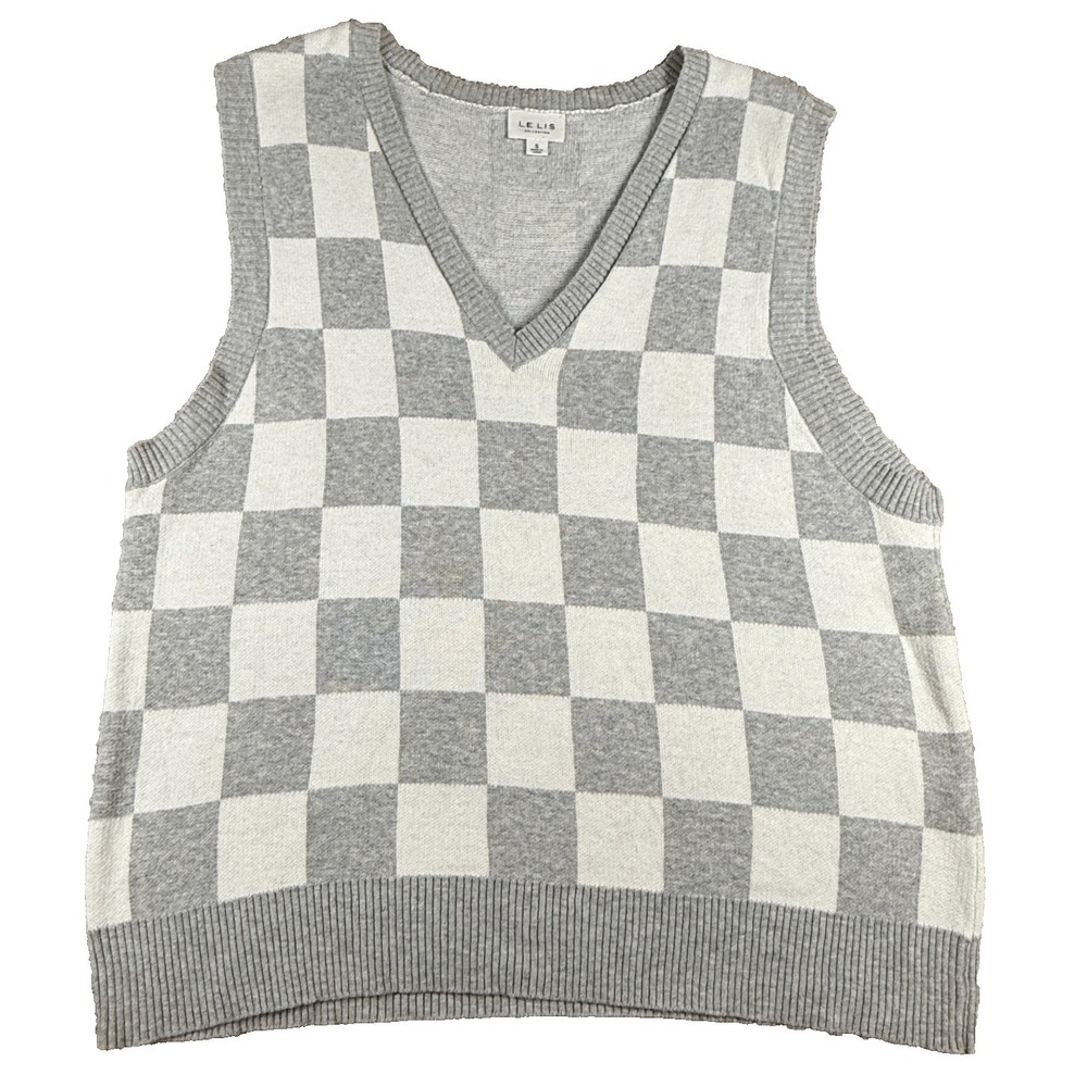 Le Lis Womens S Gray White Checkered Sweater Vest V Neck Preppy‎ Knit Top